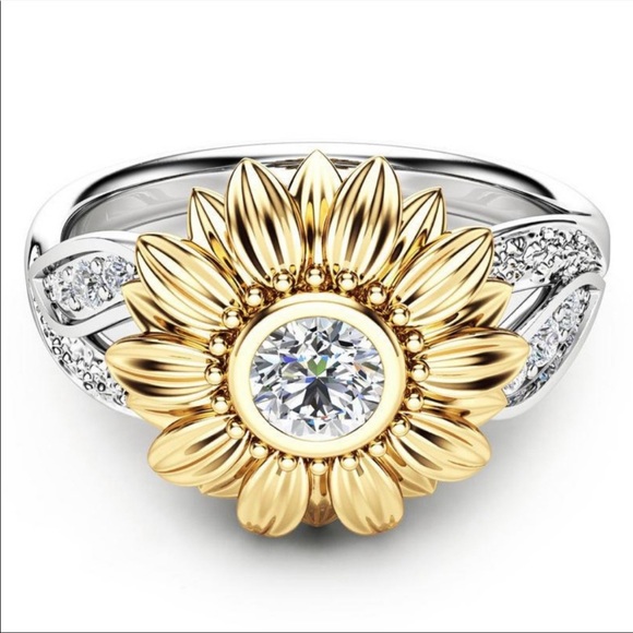 NEW 18K YELLOW&WHITE GOLD DIAMOND SUNFLOWER RING - Picture 2 of 3